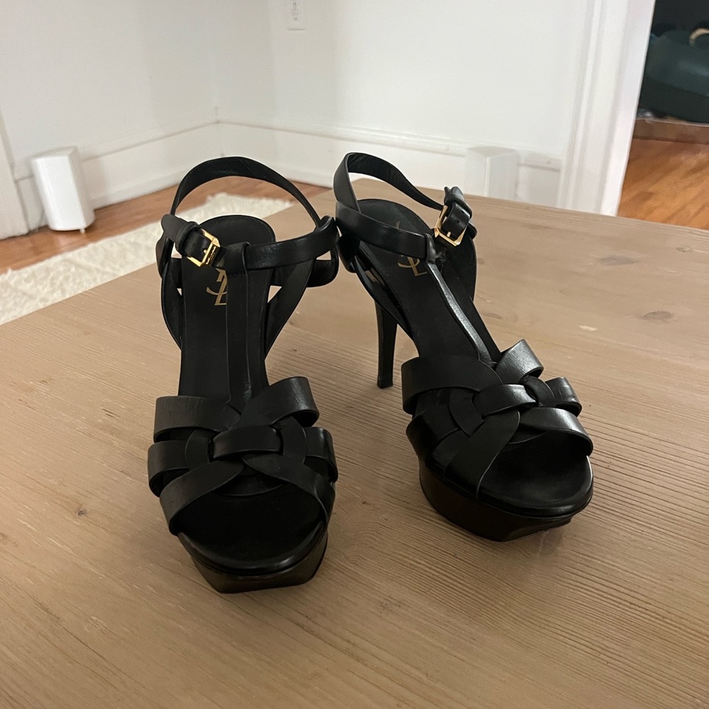 Yves Saint Laurent YSL Black Leather platform heels open toe